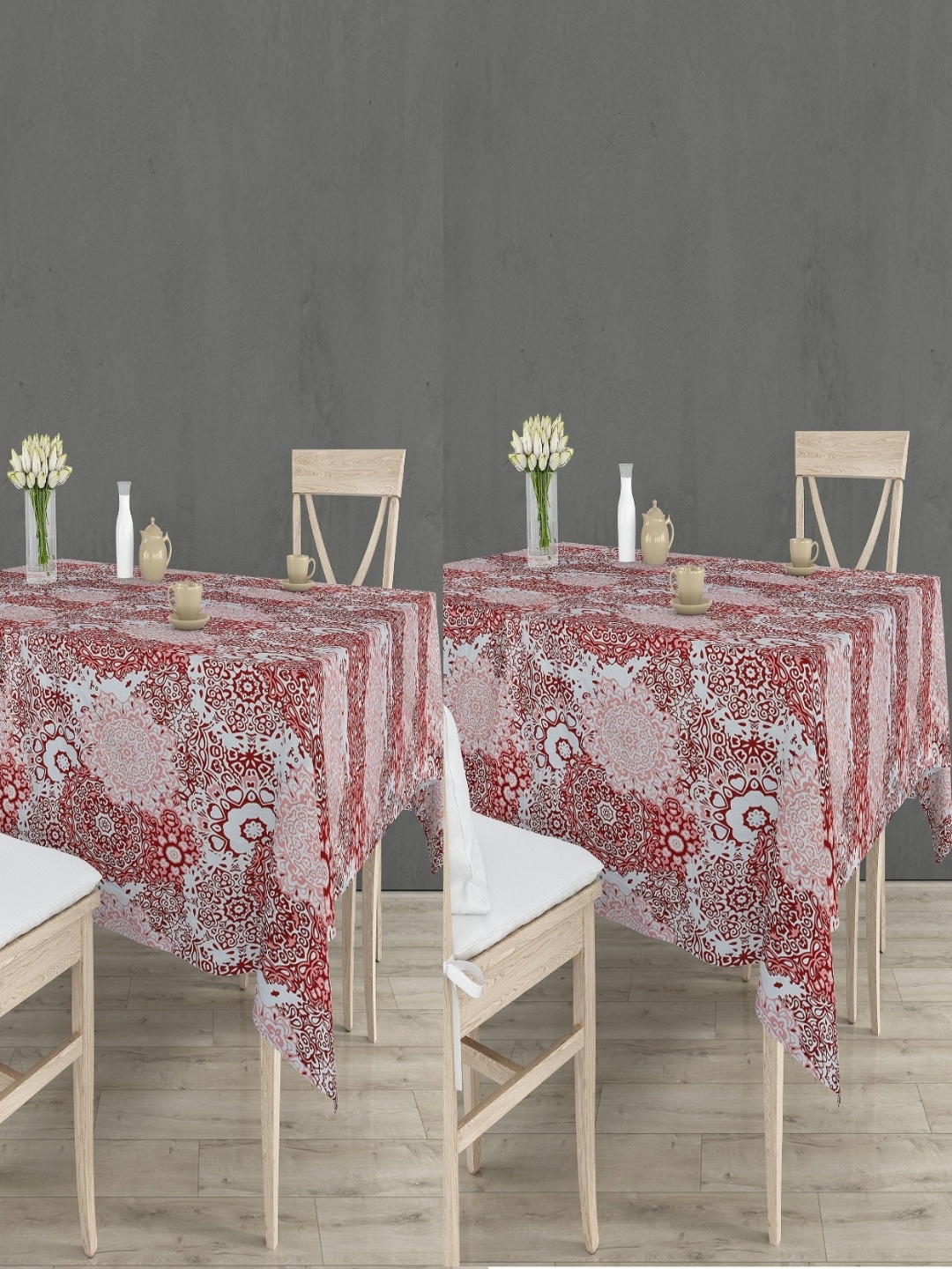 

RRC Red & White 2 Pieces Floral Printed Anti Slip Cotton 4 Seater Table Cover