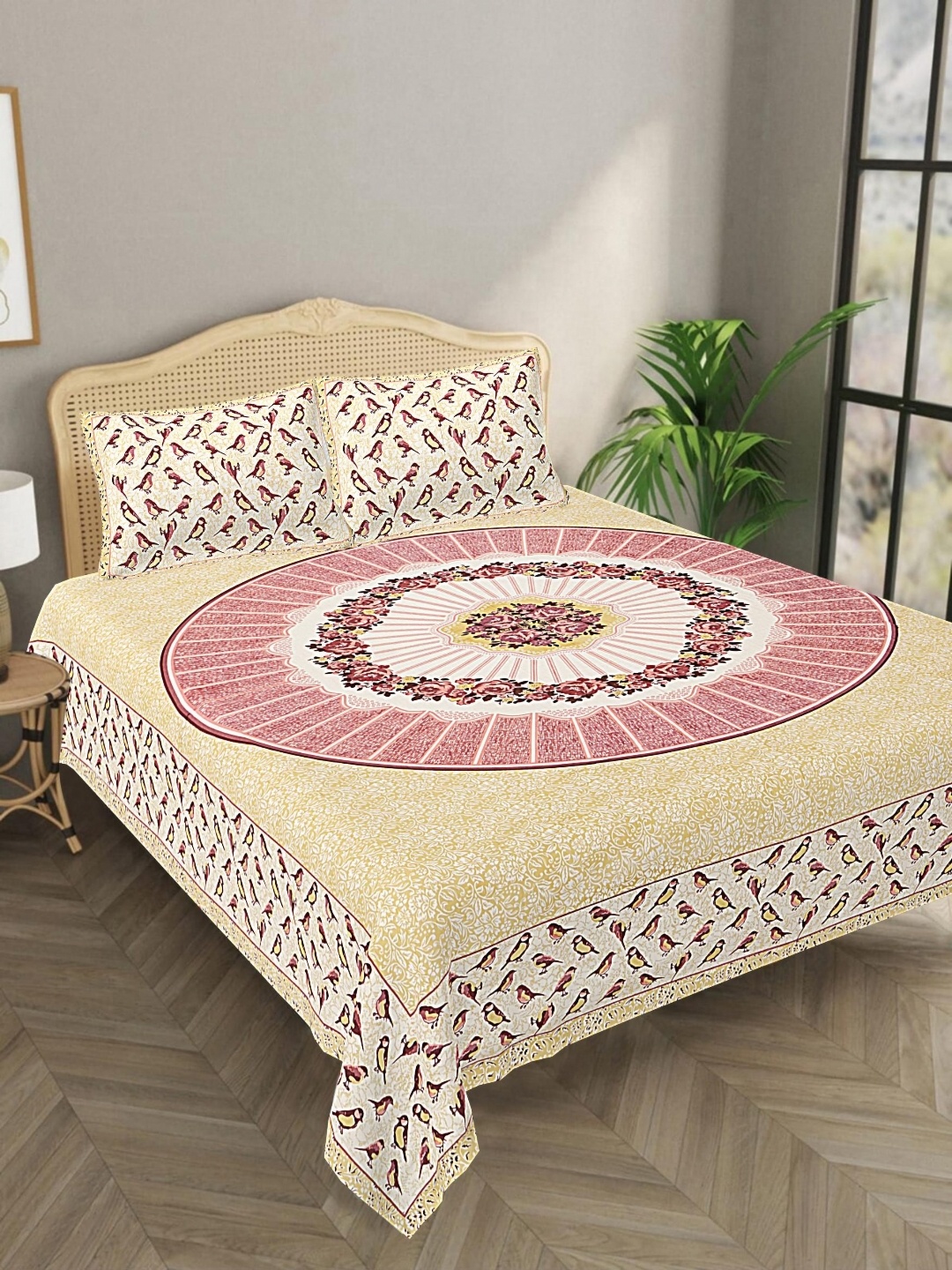 

Aura Yellow & Pink Floral 144 TC Pure Cotton King Bedsheet With 2 Pillow Covers
