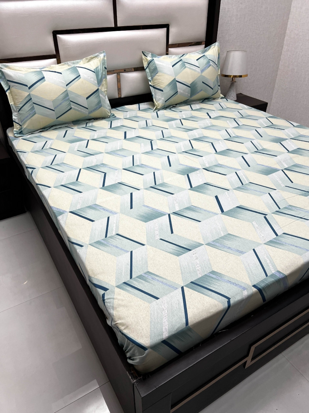 

Pure Decor Passion White & Blue Geometric 300 TC Queen Bedsheet with 2 Pillow Covers