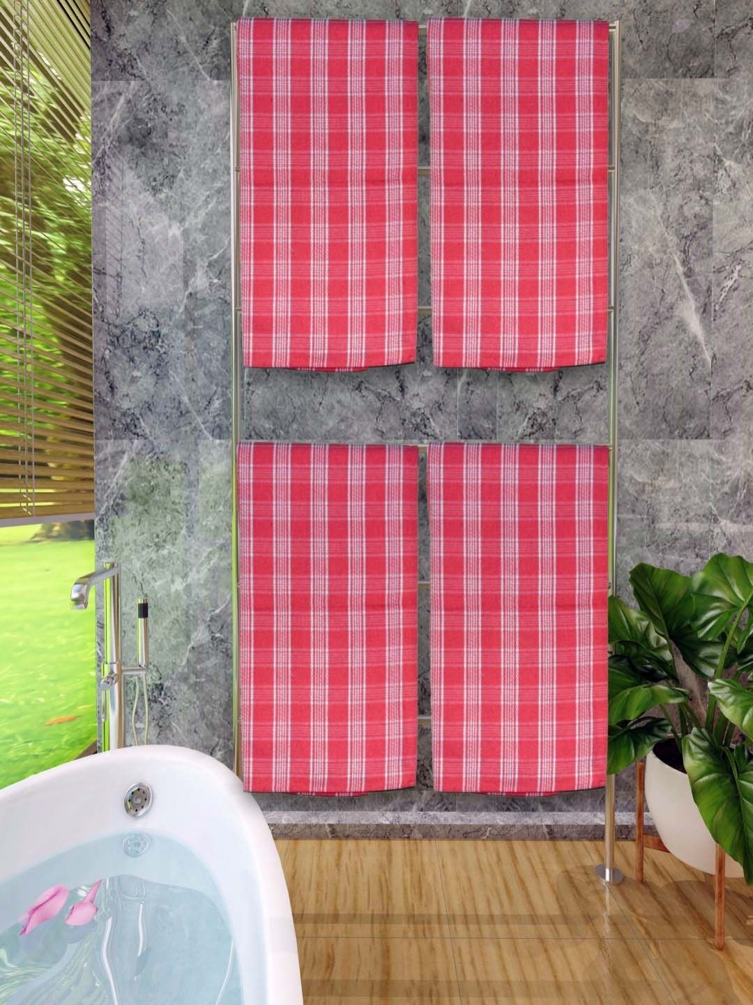 

Aura Red & White 4 Pieces Checked Printed Cotton 250 GSM Bath Towels