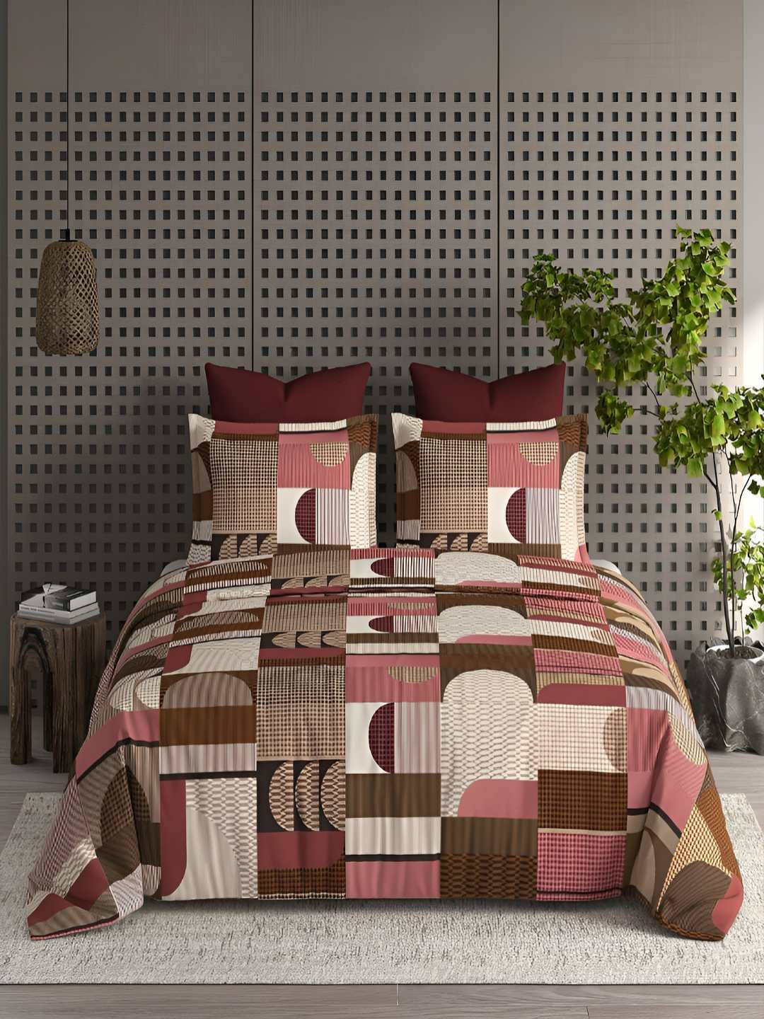 

tundwal's Green & Brown Geometric 210 TC King Bedsheet with 2 Pillow Covers