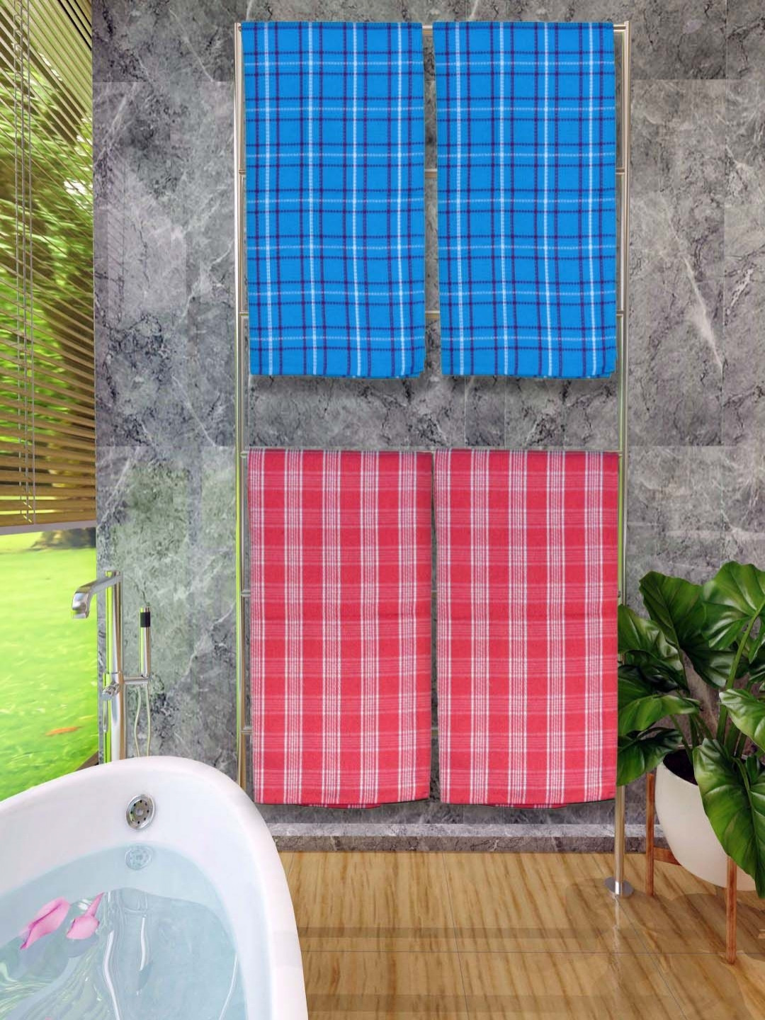 

Aura Blue & White 4 Pieces Checked Cotton 250 GSM Water Absorbent Bath Towels
