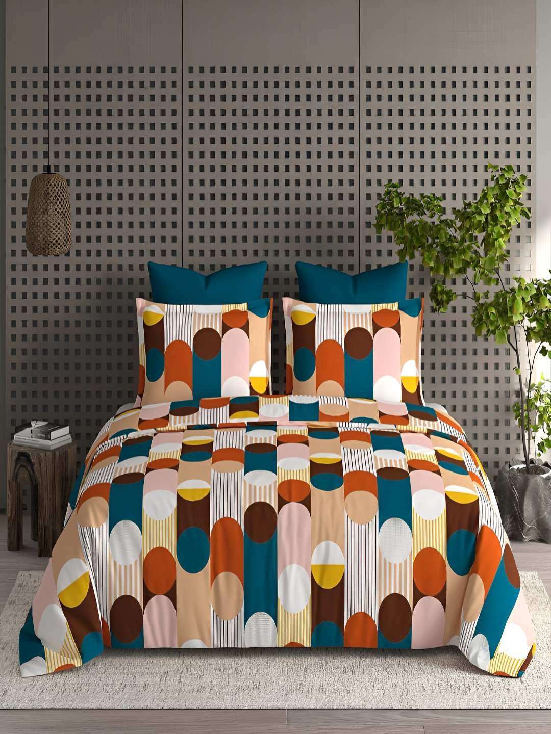 

tundwal's Orange & Blue Geometric 210 TC King Bedsheet with 2 Pillow Covers