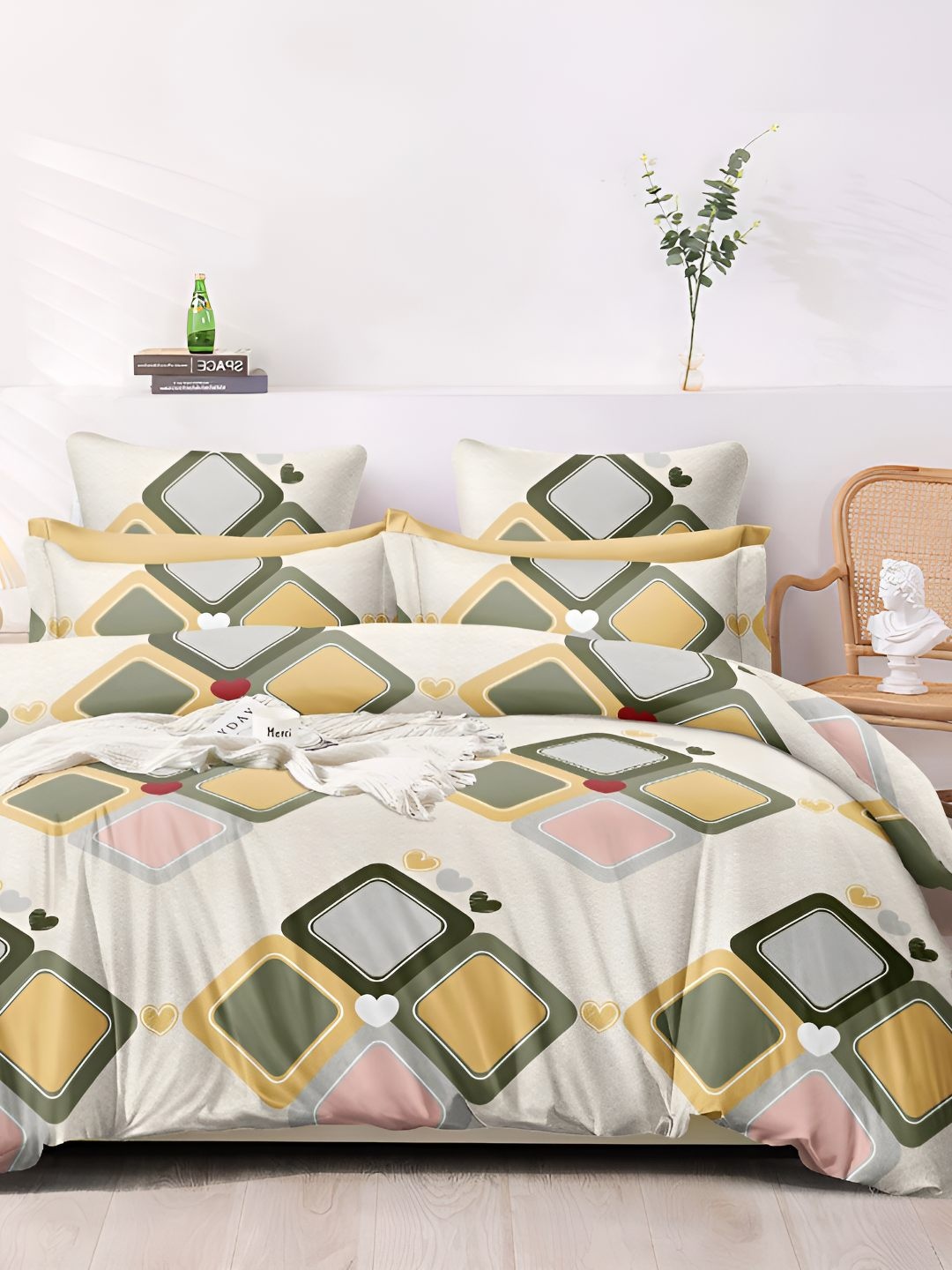 

Bajo's White & Green Geometric 350 TC King Bedsheet with 2 Pillow Covers