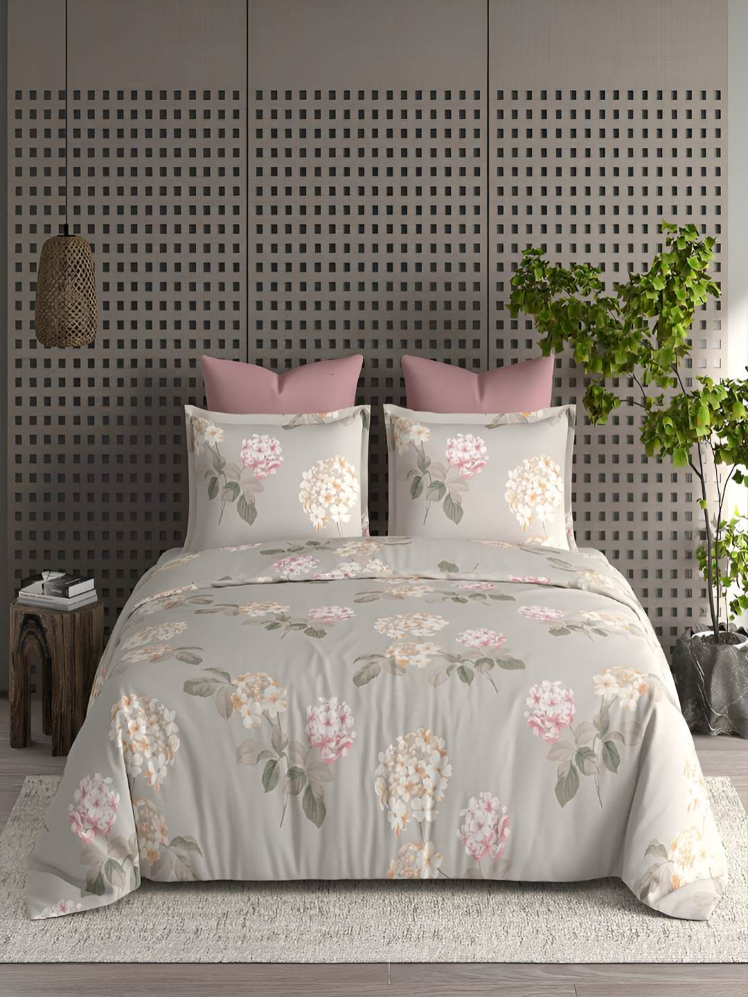 

tundwal's Grey & Green Floral 210 TC King Bedsheet with 2 Pillow Covers