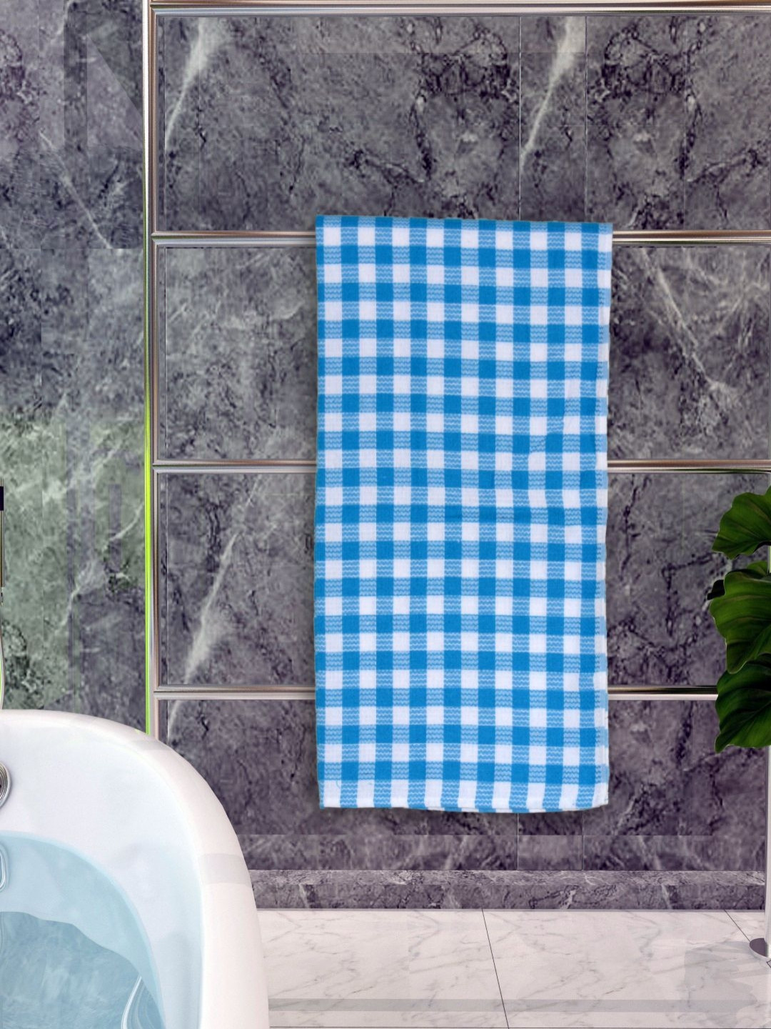 

Aura Blue & White Checked Cotton 250 GSM Bath Towel