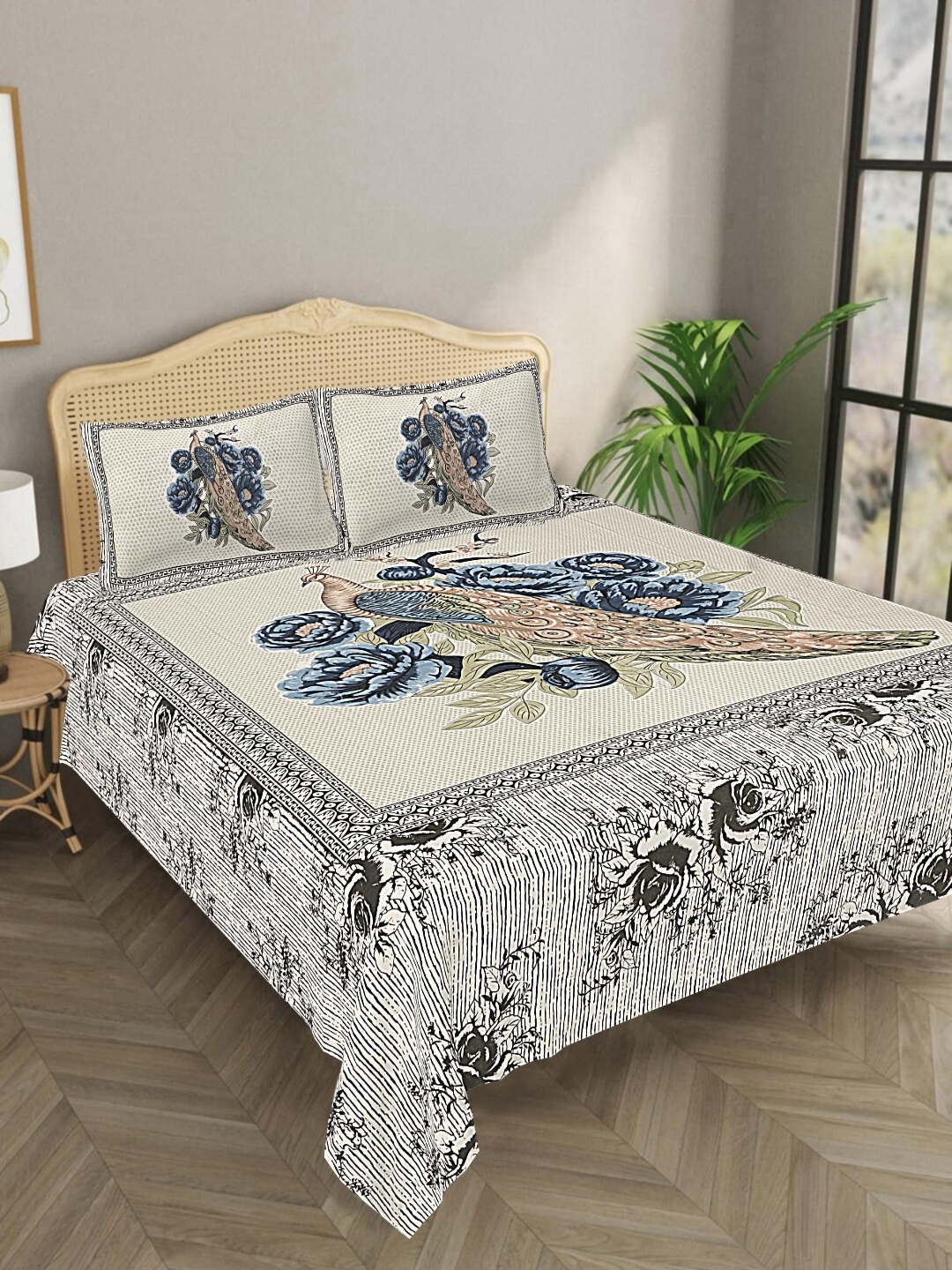 

Aura Grey & Blue Ethnic Motifs 144 TC Pure Cotton King Bedsheet With 2 Pillow Covers