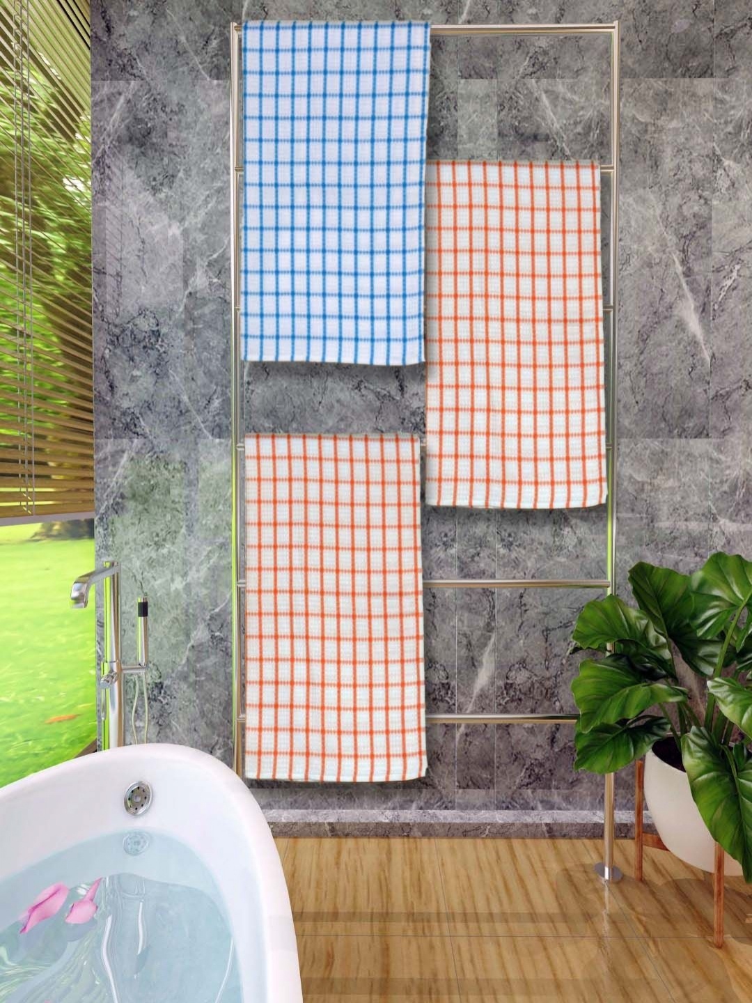 

Aura Blue & Orange 3 Pieces Checked Cotton 250 GSM Bath Towels