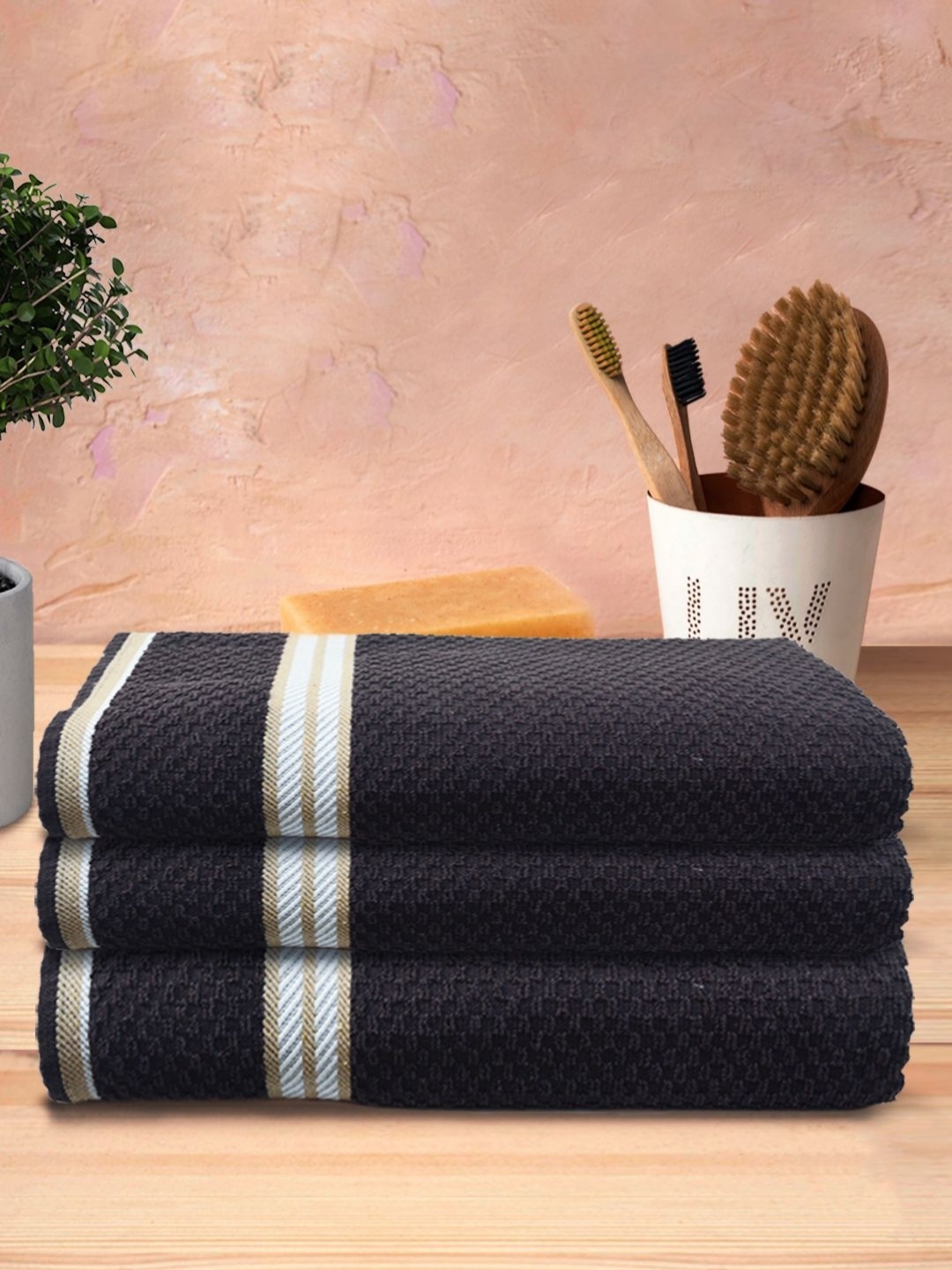 

Aura Brown & White 3 Pieces Striped Cotton 500 GSM Bath Towels