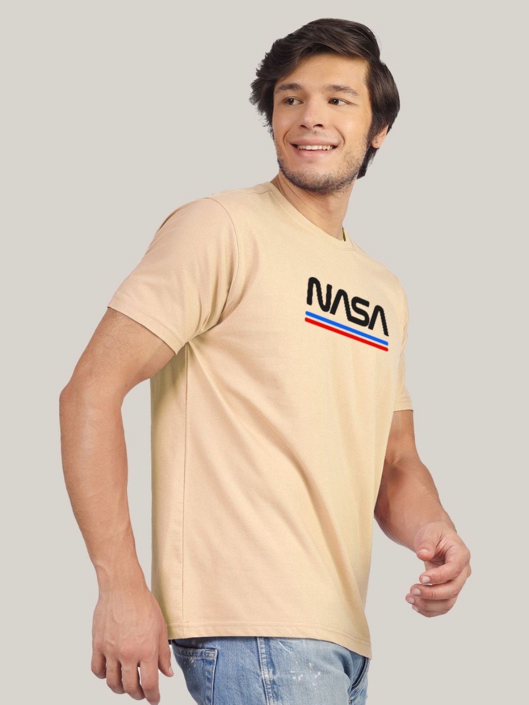 

Greylongg Men Typography Printed Drop-Shoulder Sleeves Applique T-shirt, Beige