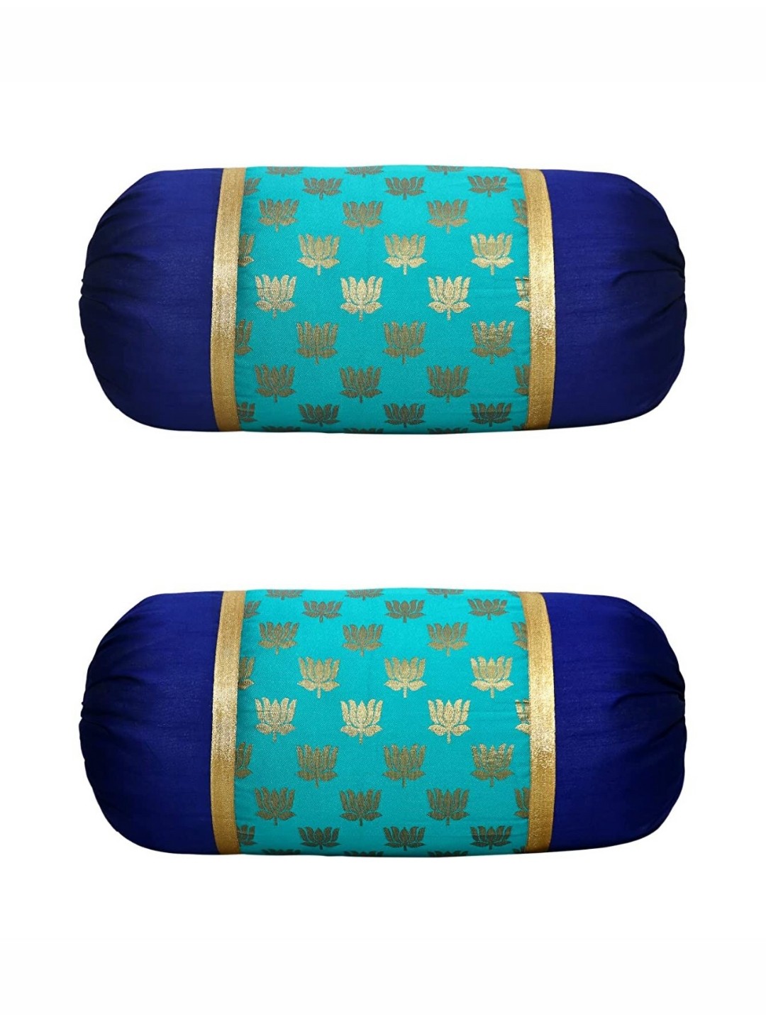 

Pink Parrot Blue & Gold Toned 2 Pieces Floral Woven Design Art Silk Bolster Covers