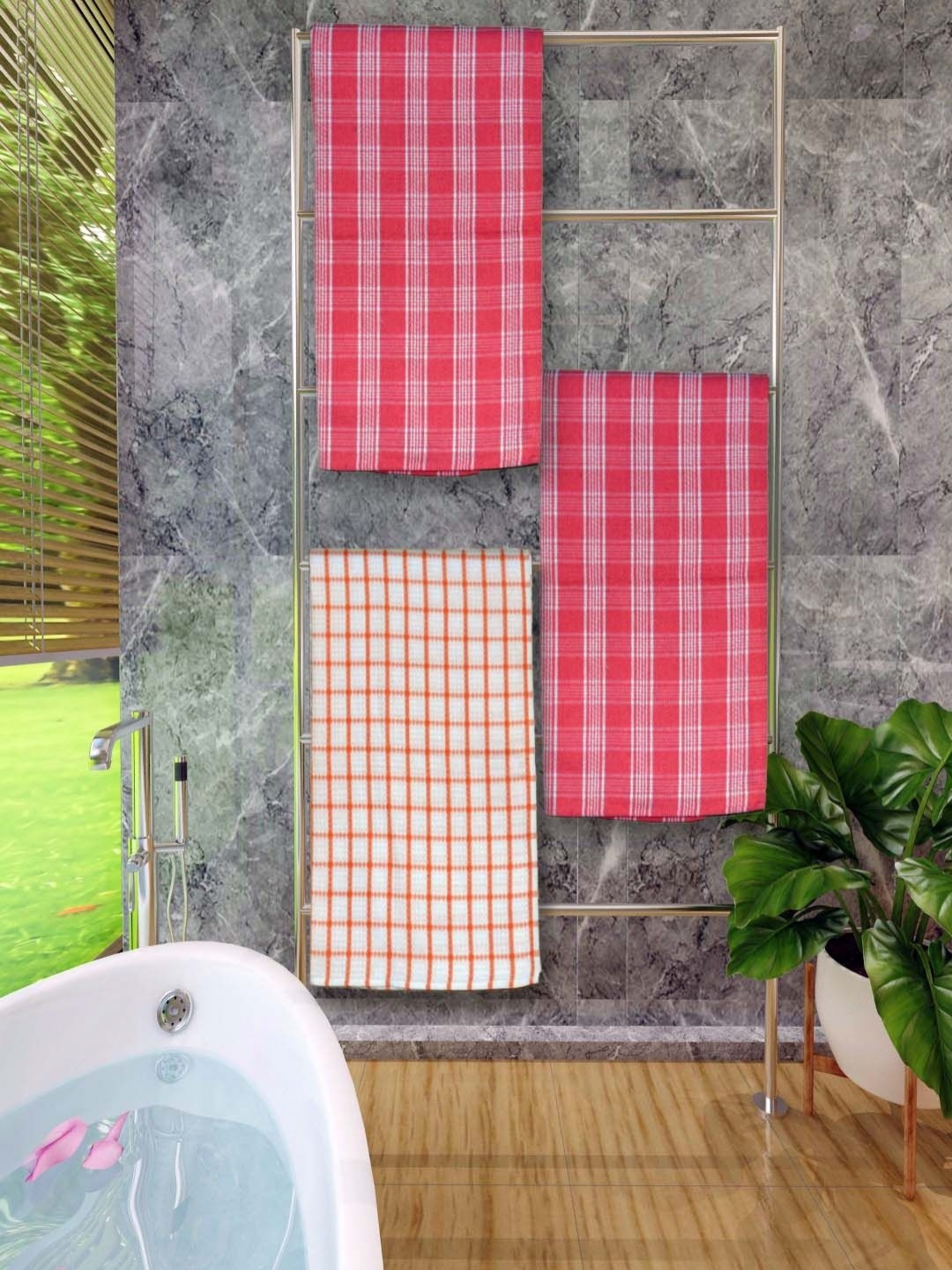 

Aura Red & White 3 Pieces Checked Printed Cotton 250 GSM Bath Towels