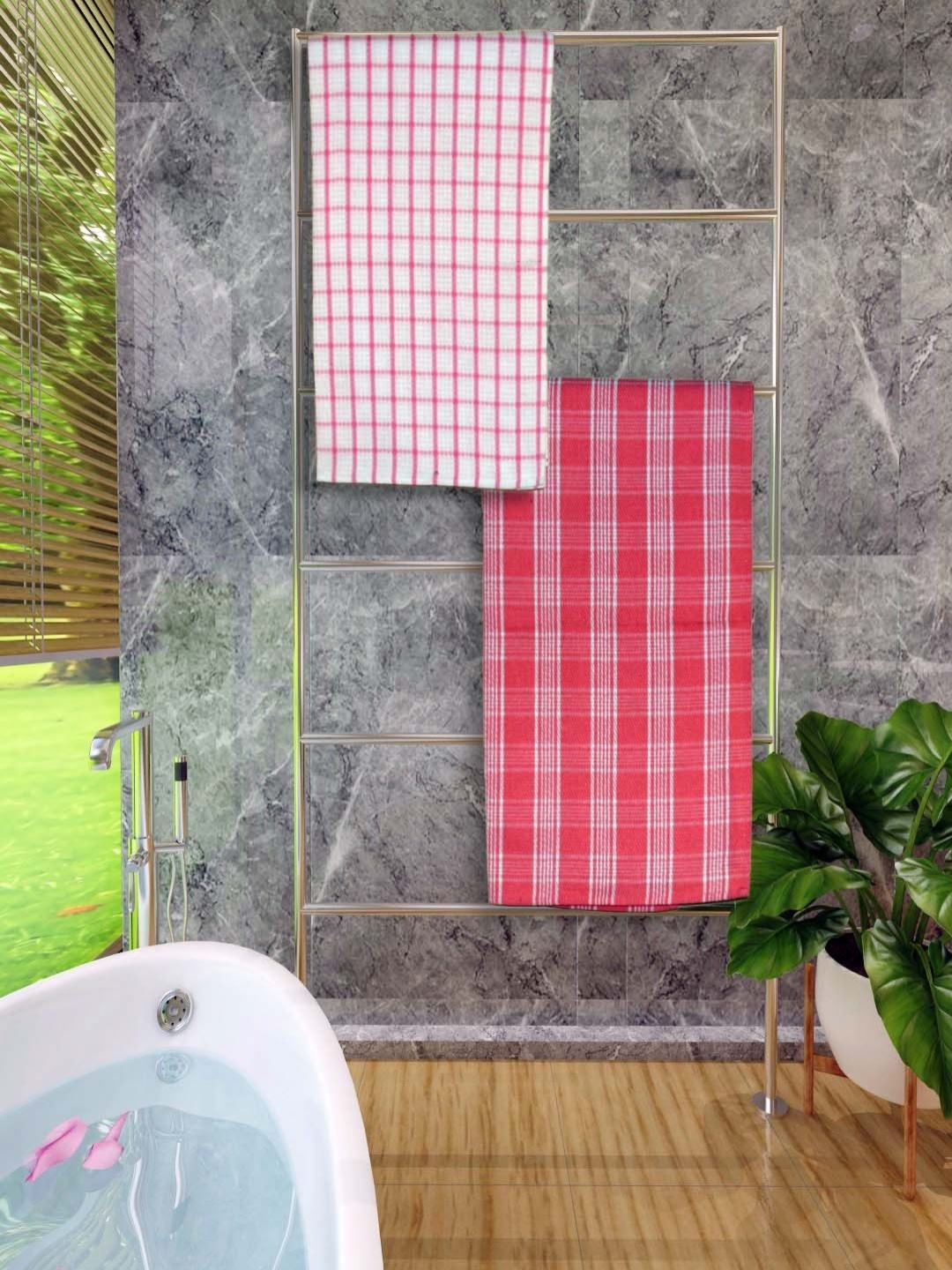 

Aura Pink & White 2 Pieces Checked Printed Cotton 250 GSM Bath Towels