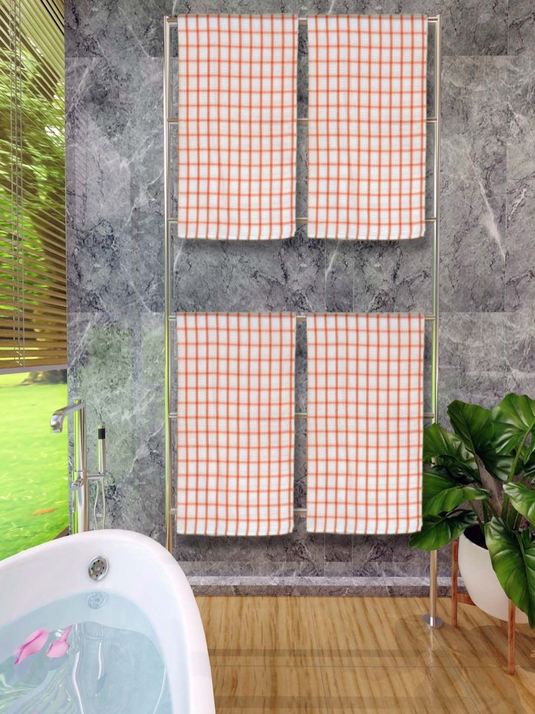 

Aura Orange & White 4 Pieces Checked Cotton 250 GSM Bath Towels