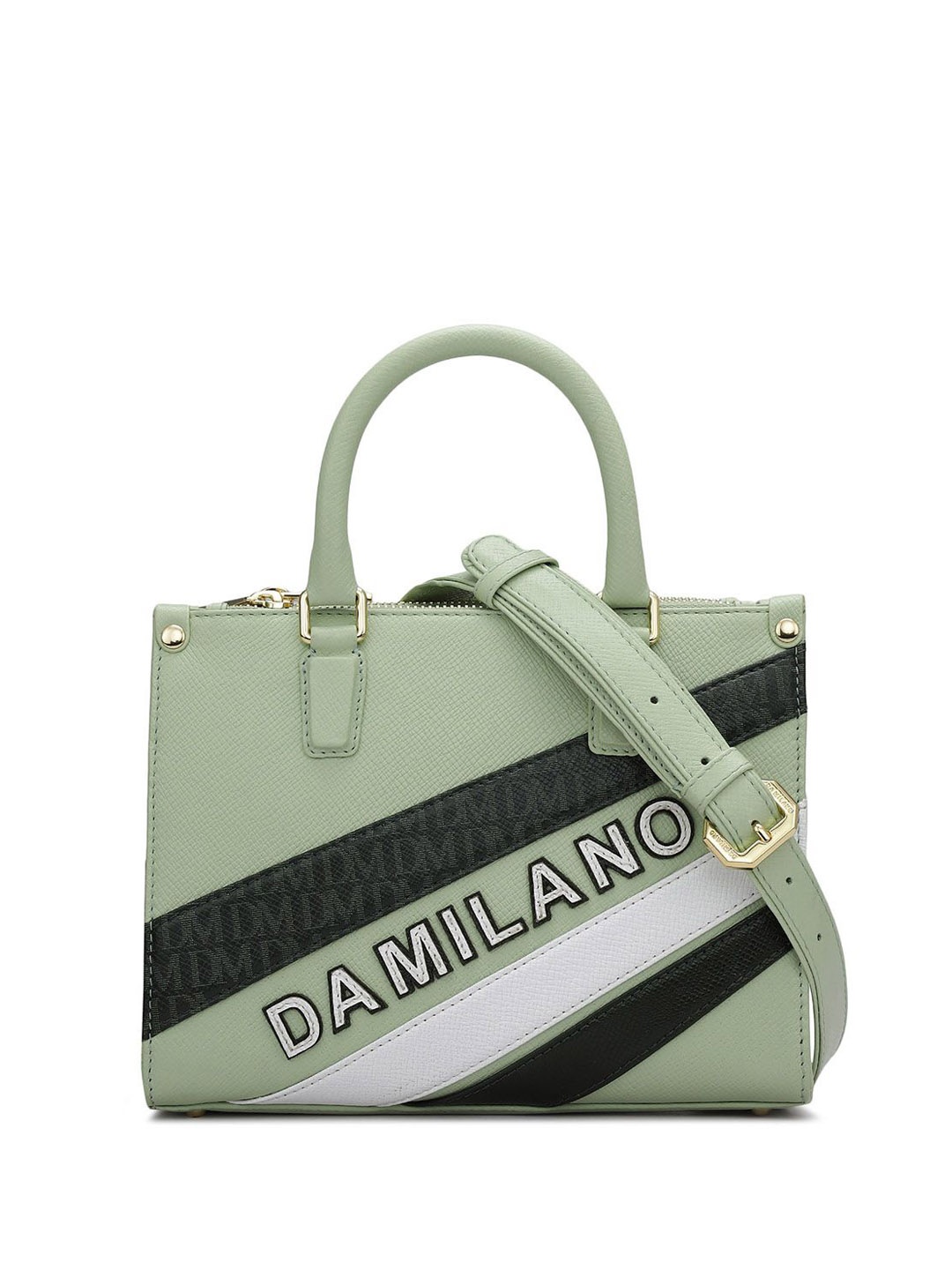 

Da Milano Textured Leather Structured Satchel with Cut Work, Green