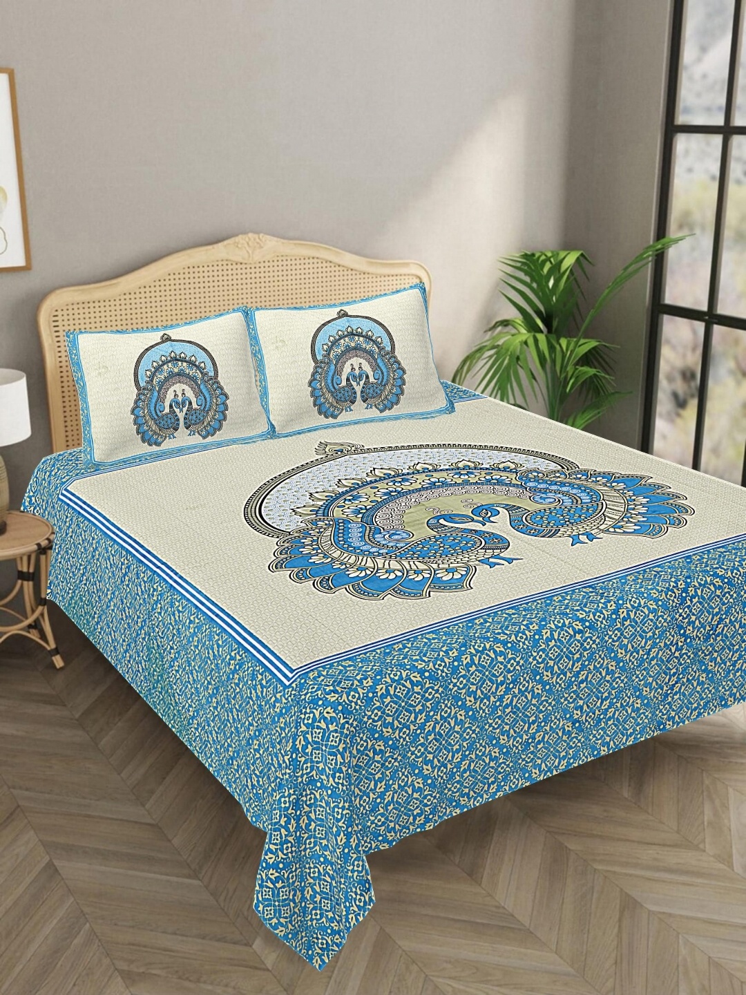 

Aura Blue & Beige Ethnic Motifs 144 TC Pure Cotton King Bedsheet With 2 Pillow Covers