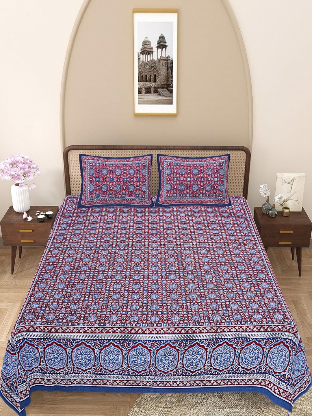 

Texstylers Blue & Maroon Floral 144 TC Queen Bedsheet with 2 Pillow Covers