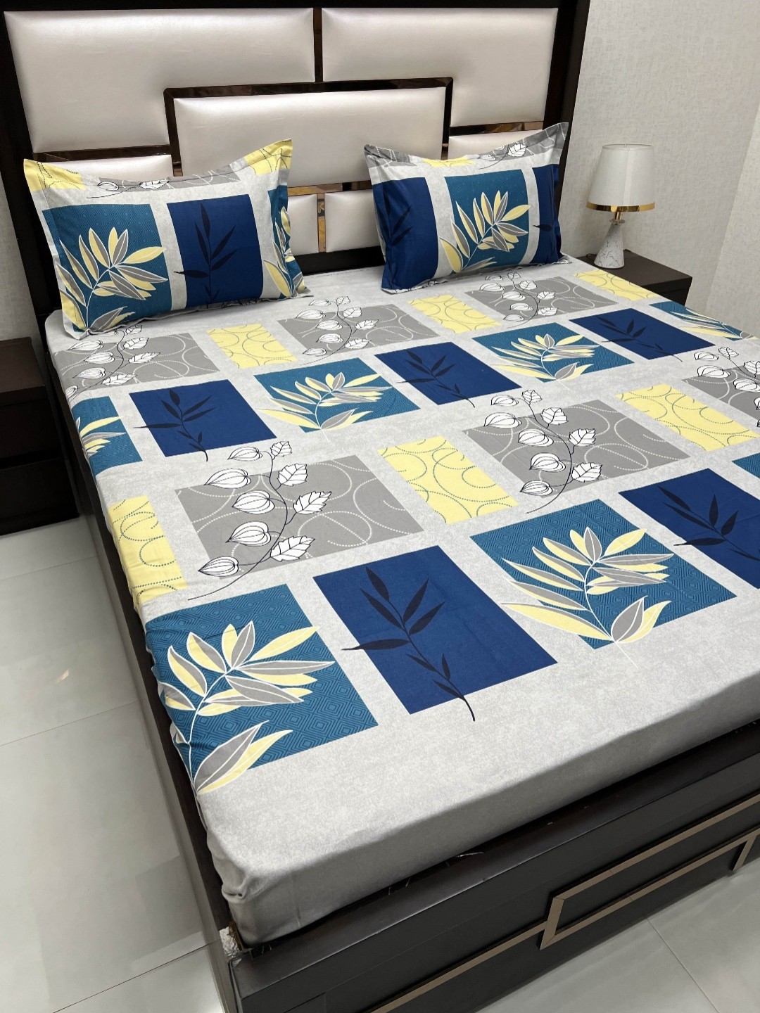 

Pure Decor Passion Fur Grey & Yellow Floral 250 TC Queen Bedsheet with 2 Pillow Covers