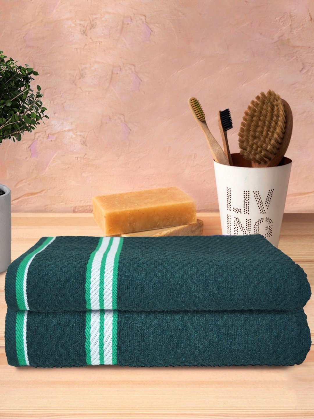 

Aura Green & White 2 Pieces Striped Cotton 500 GSM Bath Towel
