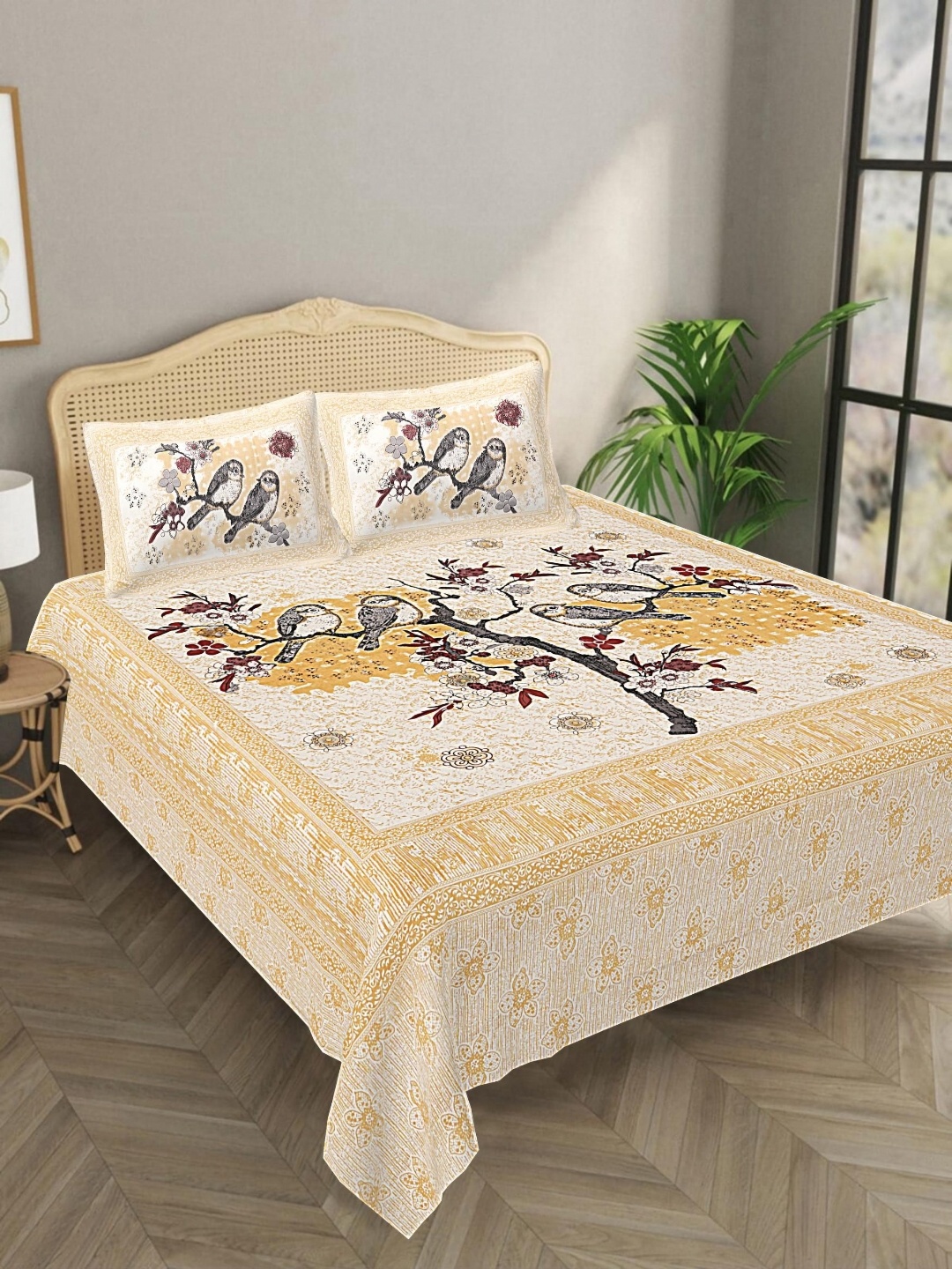 

Aura Yellow & Red Graphic 144 TC Pure Cotton King Bedsheet With 2 Pillow Covers