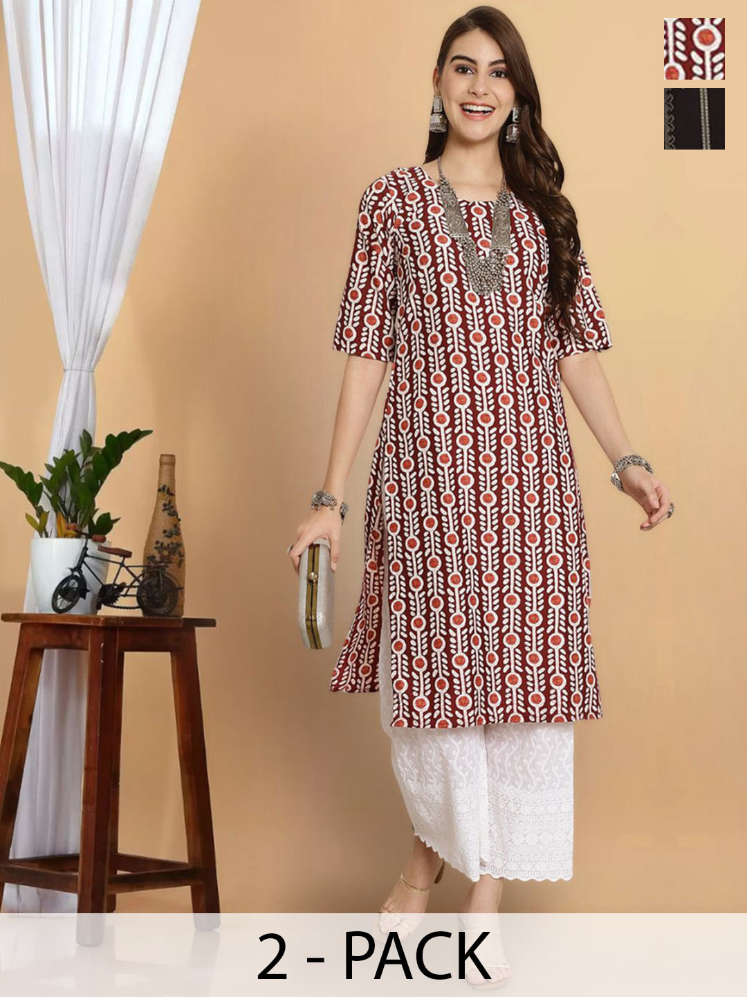 

7Threads Pack Of 2 Ethnic Motifs Printed Round Neck Short Sleeves Straight Kurta, Black