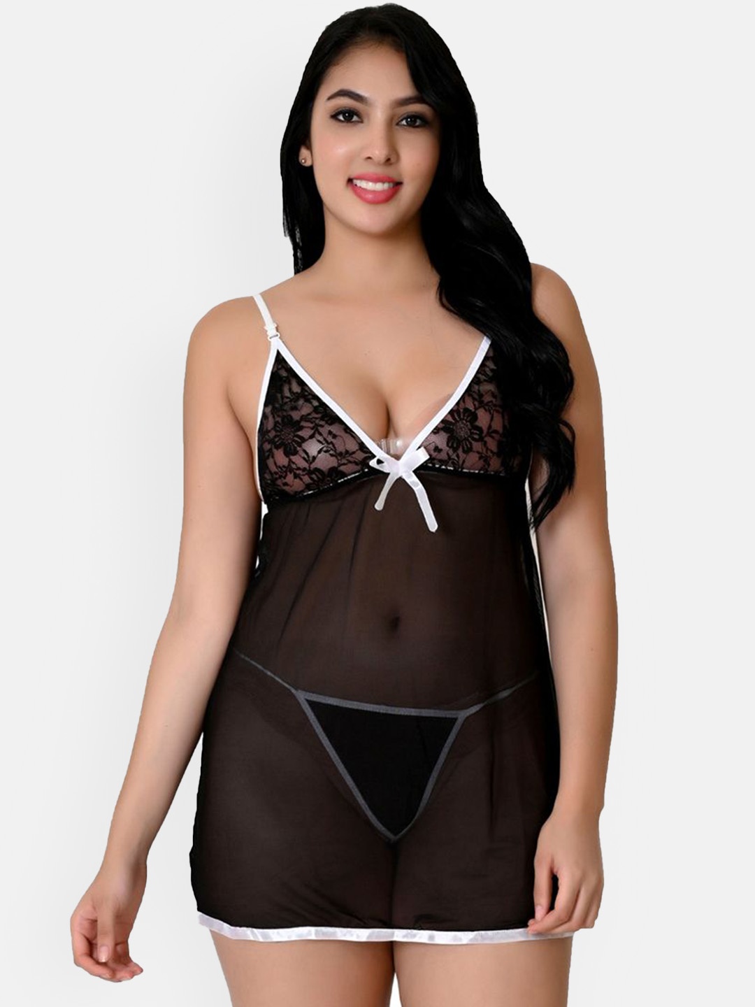 

chia fashions Net Shoulder Straps Baby Doll, Black