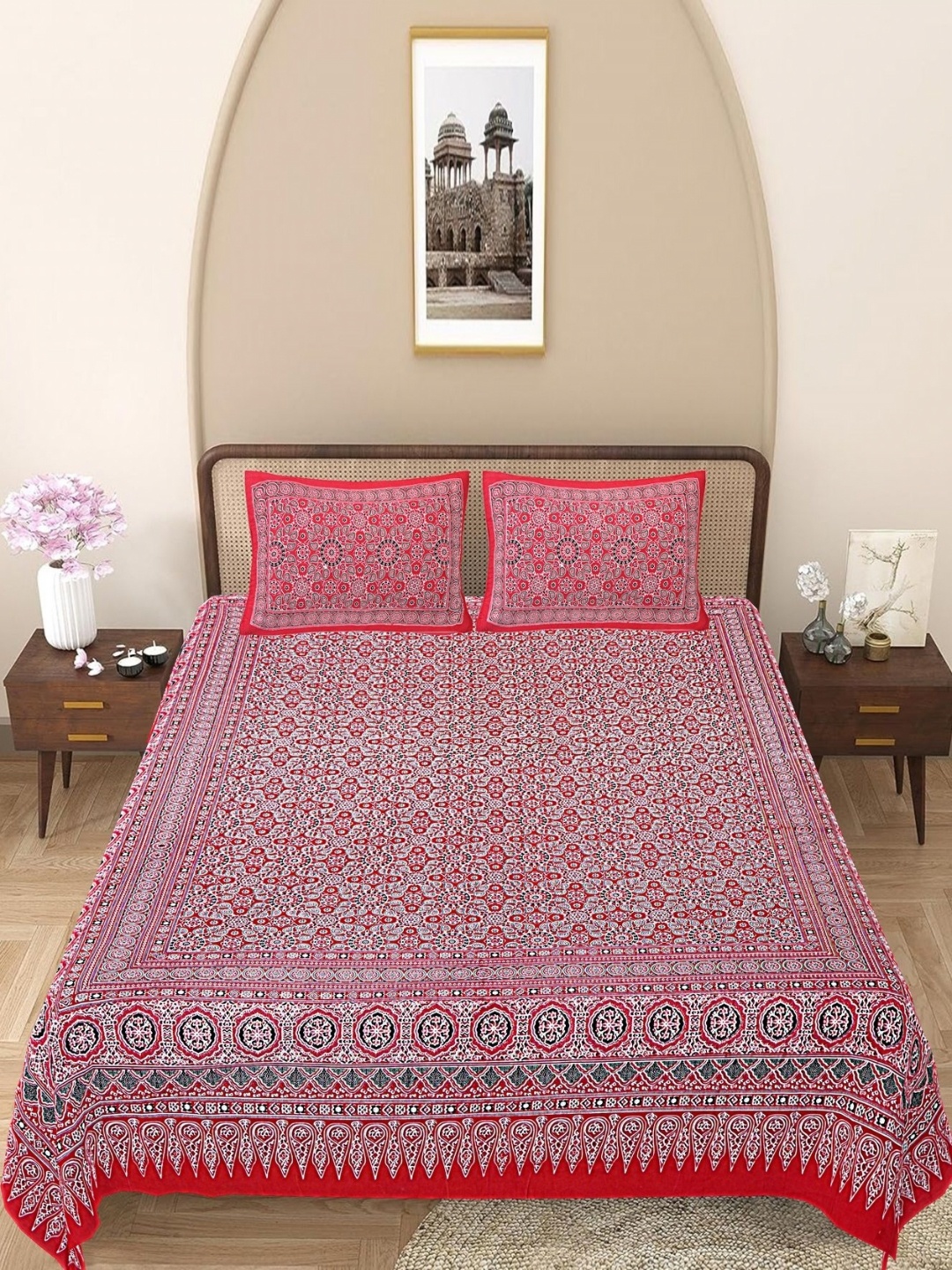 

Texstylers Maroon & Blue Floral 144 TC Queen Bedsheet with 2 Pillow Covers