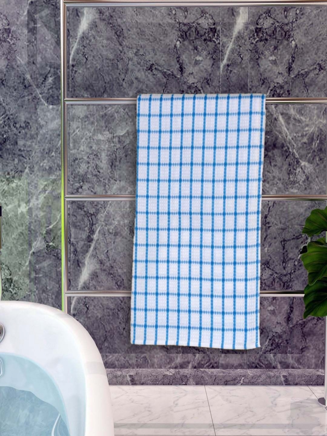 

Aura Blue & White Checked Cotton 250 GSM Bath Towel