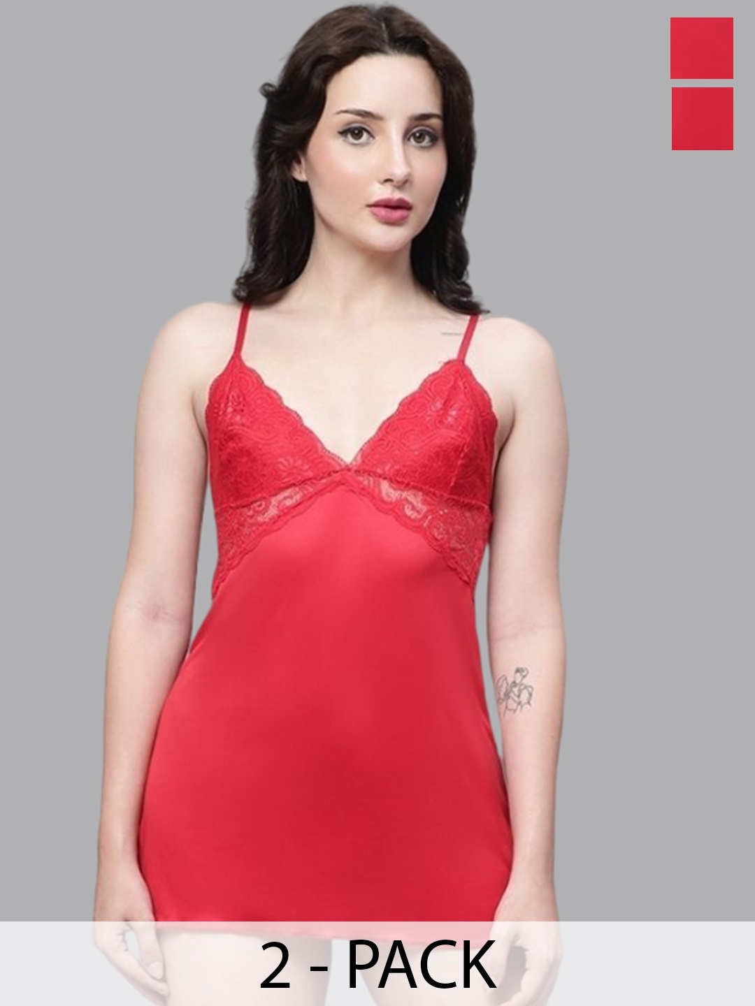 

Shararat Pack of 3 Net Self Design Baby Doll, Red