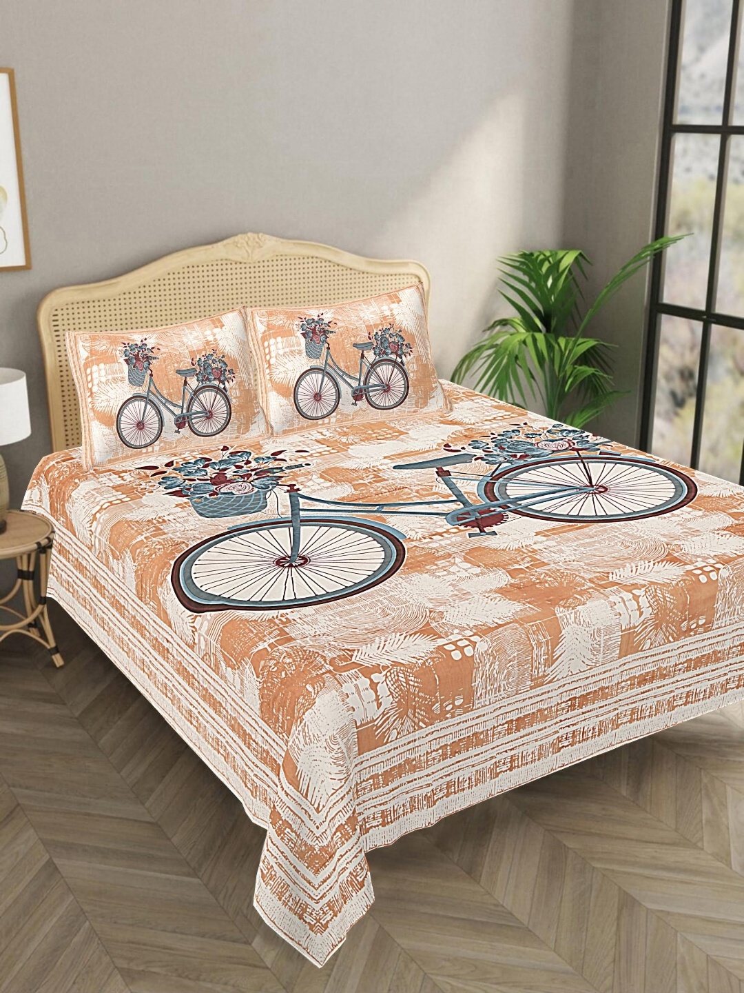 

Aura Orange-Coloured & White Graphic 144 TC Pure Cotton King Bedsheet With 2 Pillow Covers