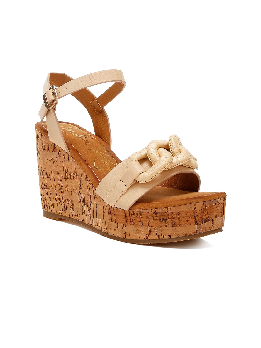 

London Rag Women Leather Wedge Sandals with Buckles, Beige