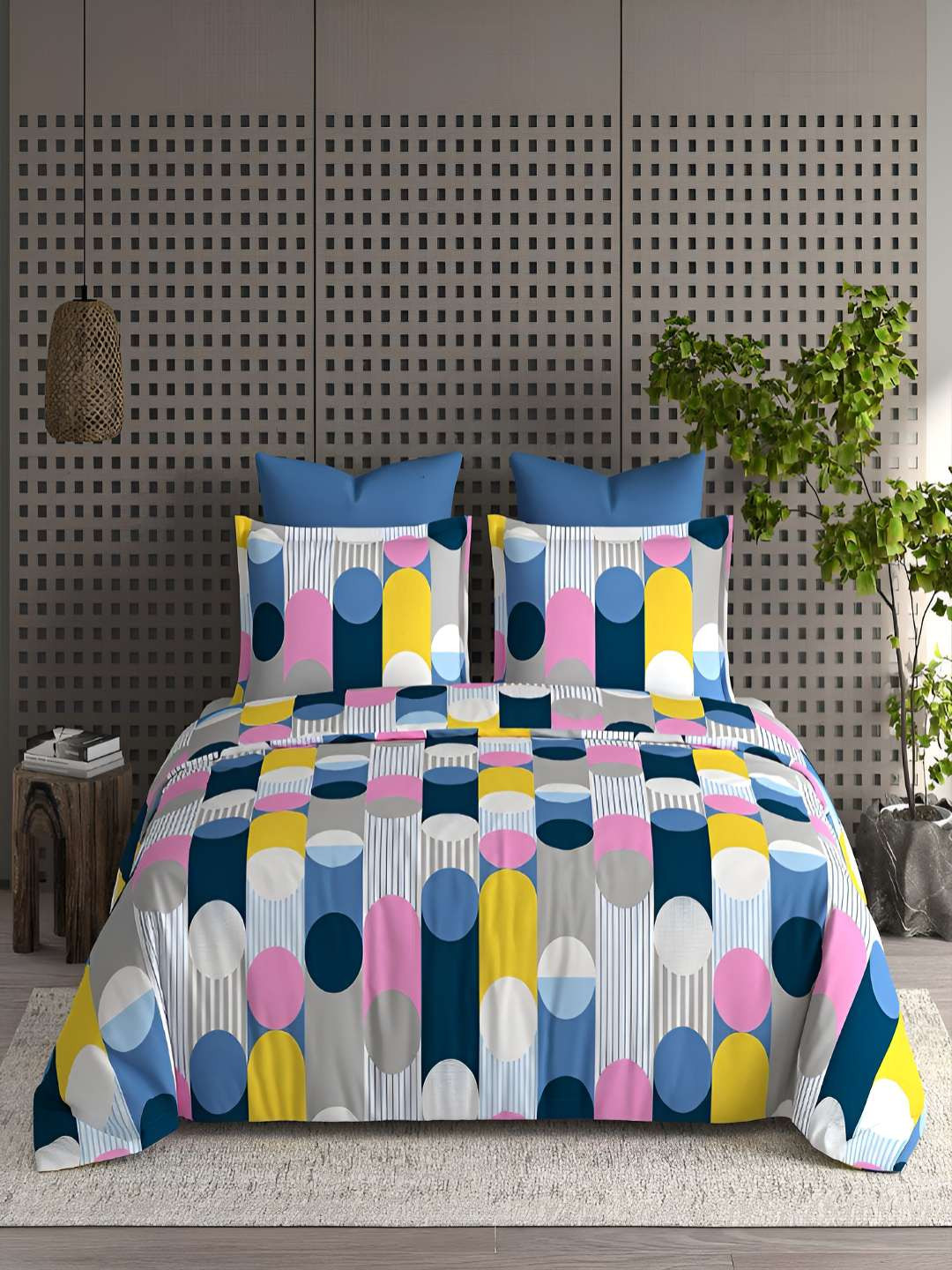 

tundwal's White & Blue Geometric 210 TC King Bedsheet with 2 Pillow Covers