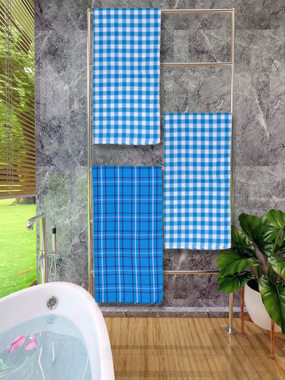 

Aura Blue & White 3 Pieces Checked Cotton 250 GSM Bath Towels