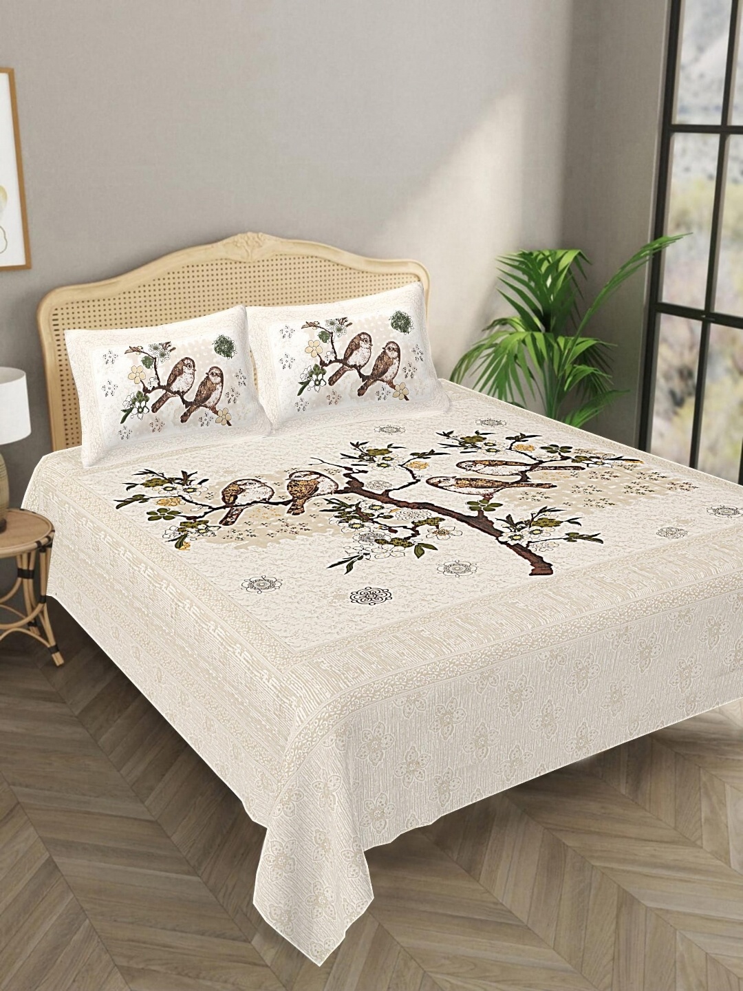 

Aura Beige & Green Graphic 144 TC Pure Cotton King Bedsheet With 2 Pillow Covers