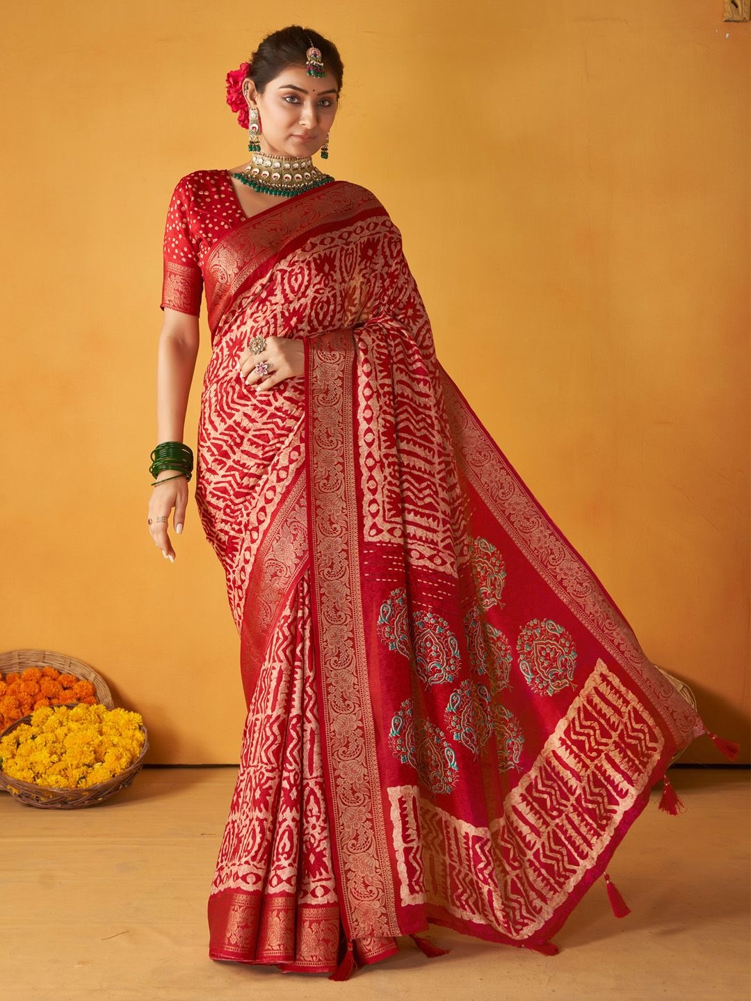 

Saree mall Ethnic Motifs Zari Sungudi Sarees, Red