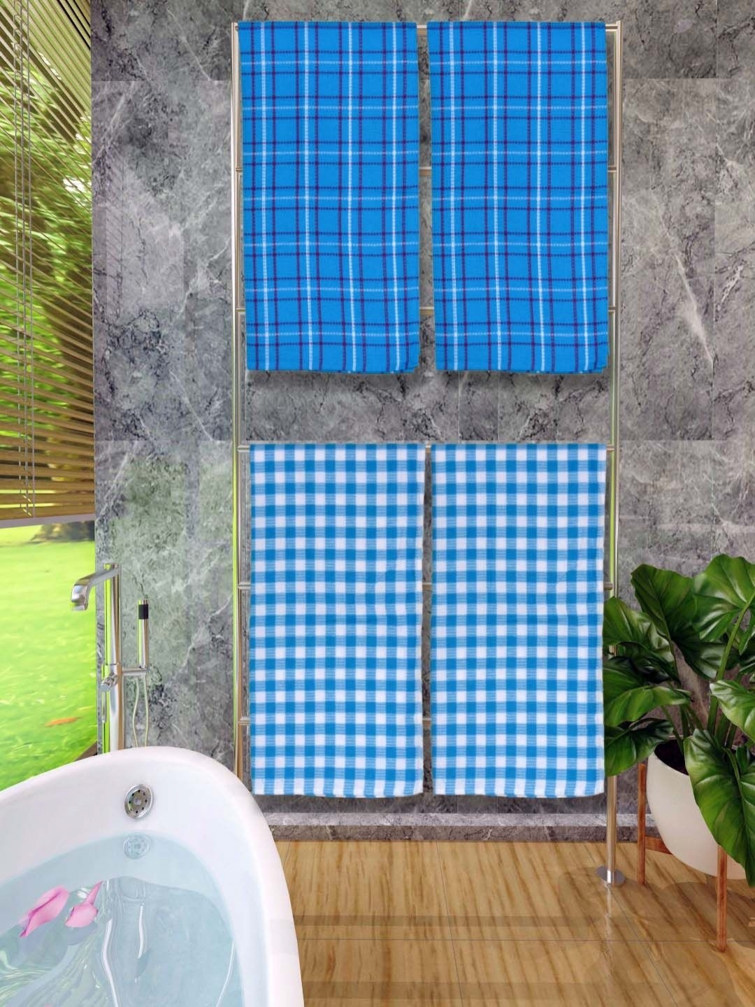 

Aura Blue & White 4 Pieces Checked Printed Cotton 250 GSM Bath Towels