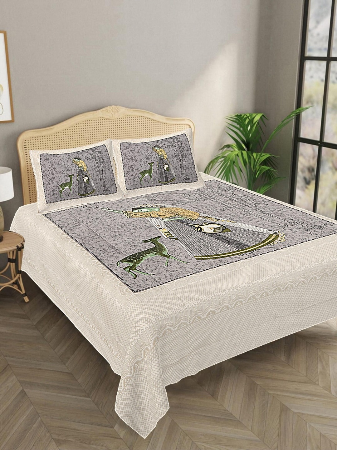 

Aura Grey & Beige Ethnic Motifs 144 TC Pure Cotton King Bedsheet with 2 Pillow Covers