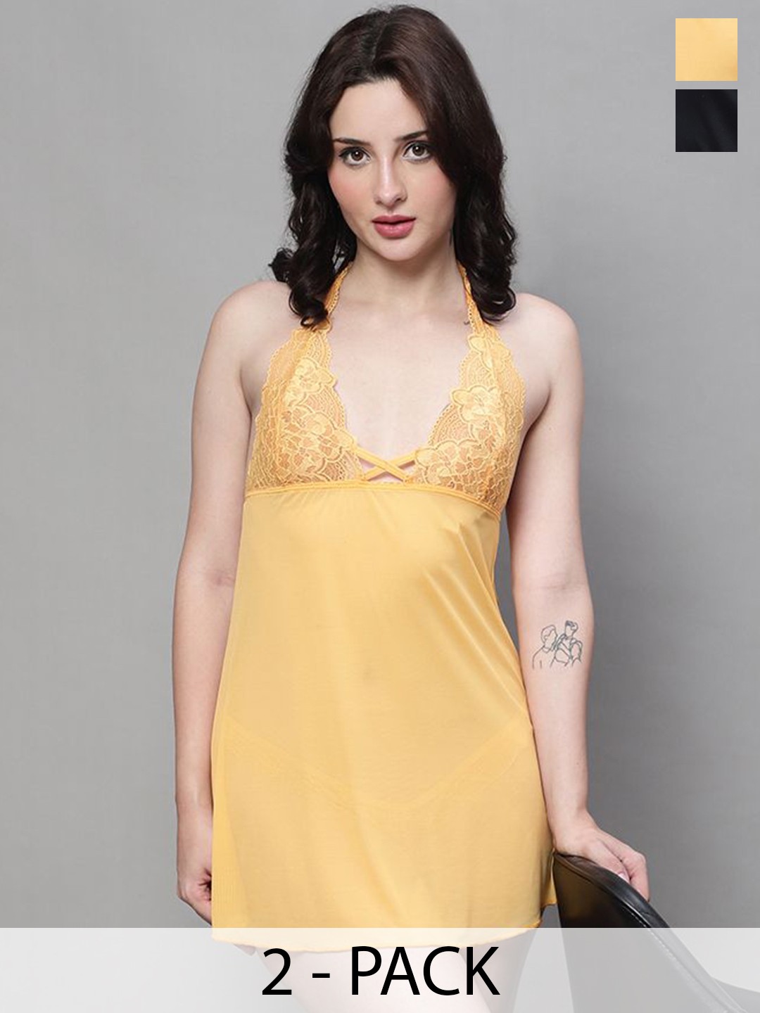 

Shararat Pack of 2 Net Self Design Baby Doll, Yellow