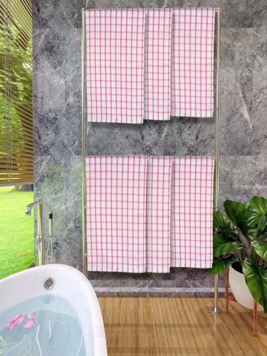 

Aura Pink & White 6 Pieces Checked Cotton 250 GSM Water Absorbent Bath Towels