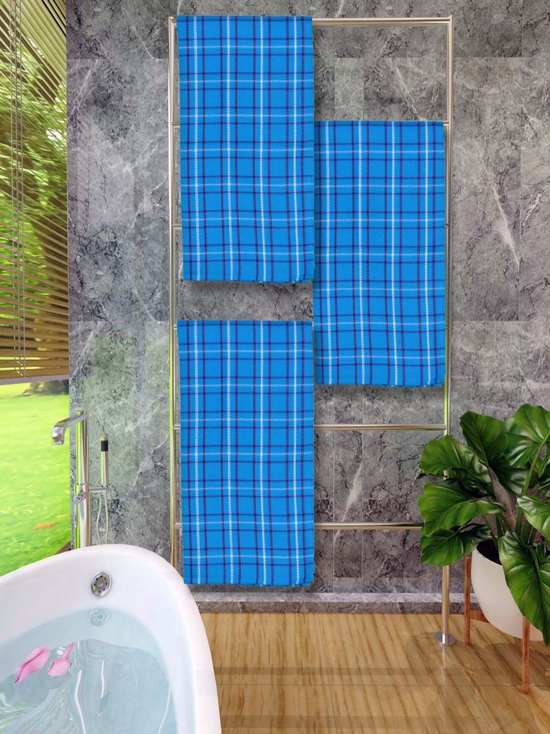 

Aura Blue & White 3 Pieces Checked Cotton 250 GSM Water Absorbent Bath Towels