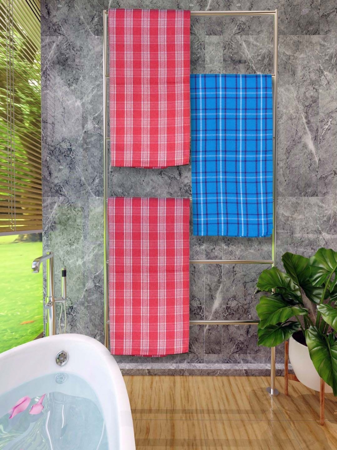 

Aura Pink & Blue 3 Pieces Checked Cotton 250 GSM Bath Towels