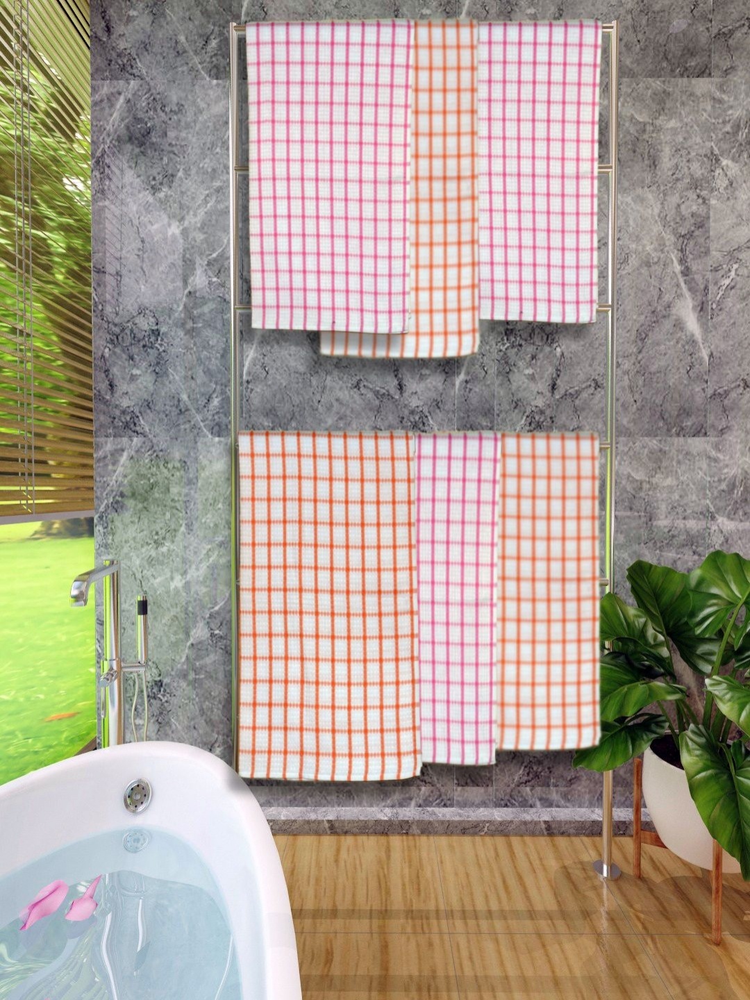 

Aura White & Red 5 Pieces Checked Cotton 250 GSM Bath Towel