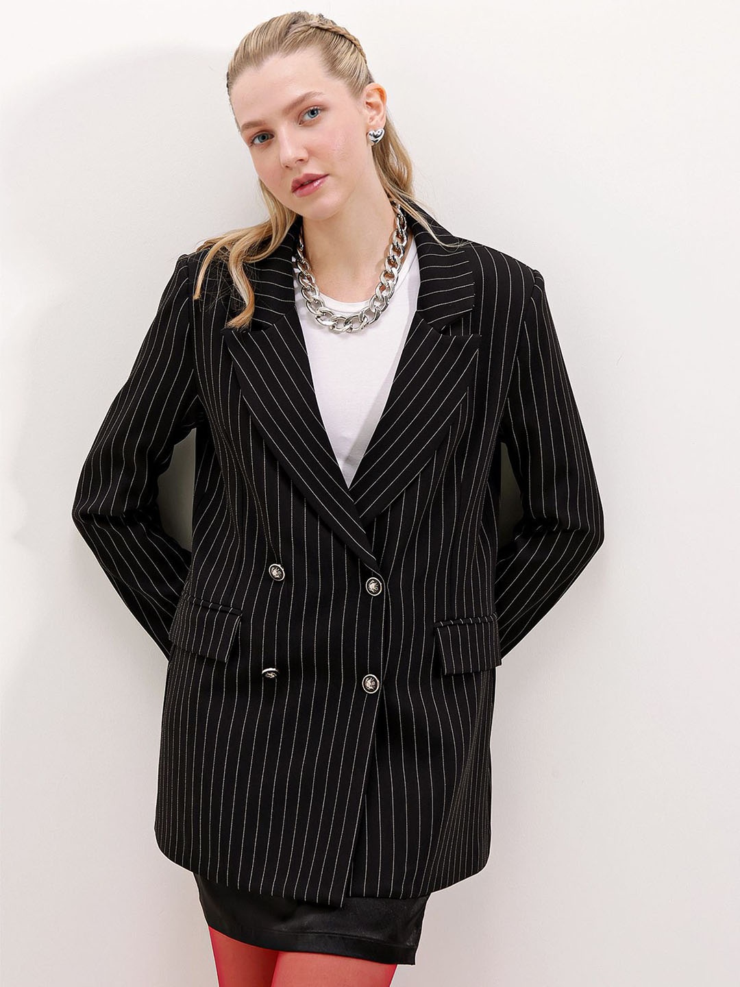 

BIGDART Women Striped Longline Tailored Jacket, Na