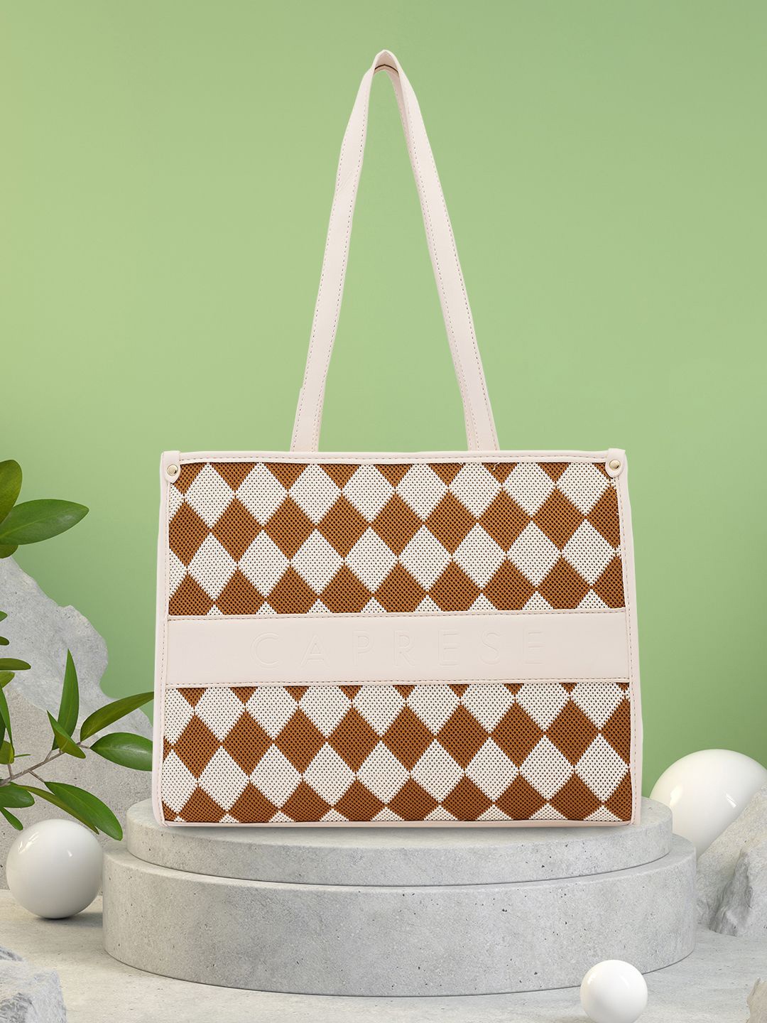 

Caprese Geometric Checked Shopper Tote Bag with Tasselled, Cream