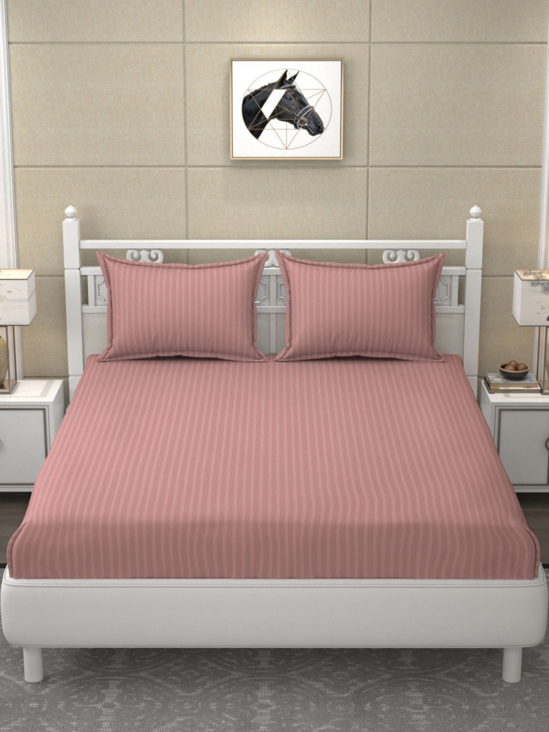 

Bromwick Peach-Coloured Striped 250 TC King Bedsheet with 2 Pillow Covers