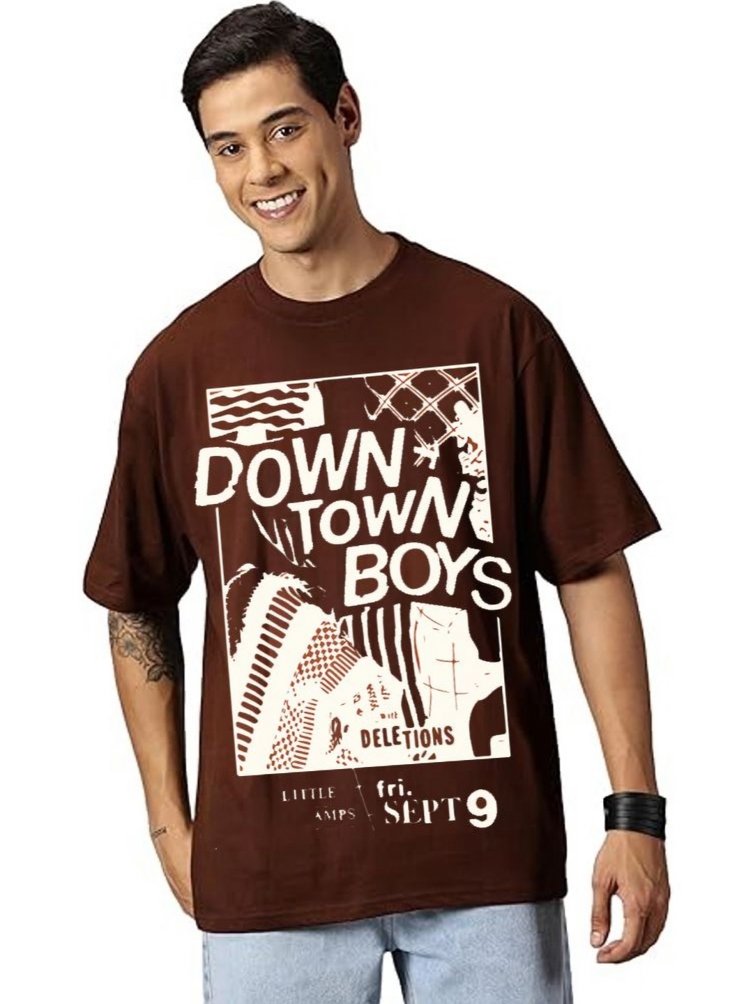 

VIXENLY Men Printed Drop-Shoulder Sleeves Raw Edge T-shirt, Brown