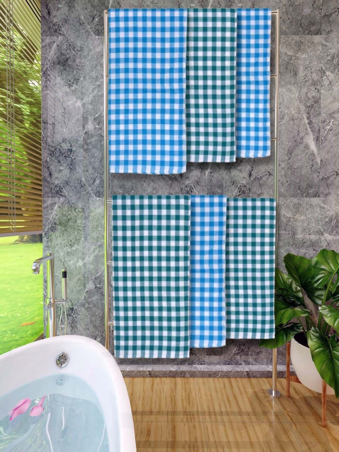 

Aura White & Blue 5 Pieces Checked Cotton 250 GSM Bath Towels