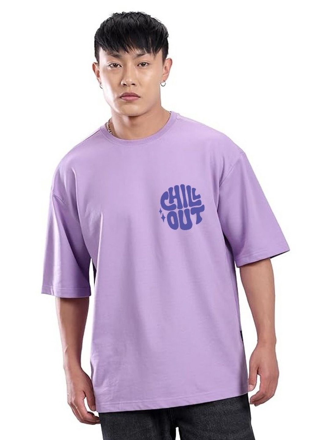 

VIXENLY Men Printed Drop-Shoulder Sleeves Applique T-shirt, Purple