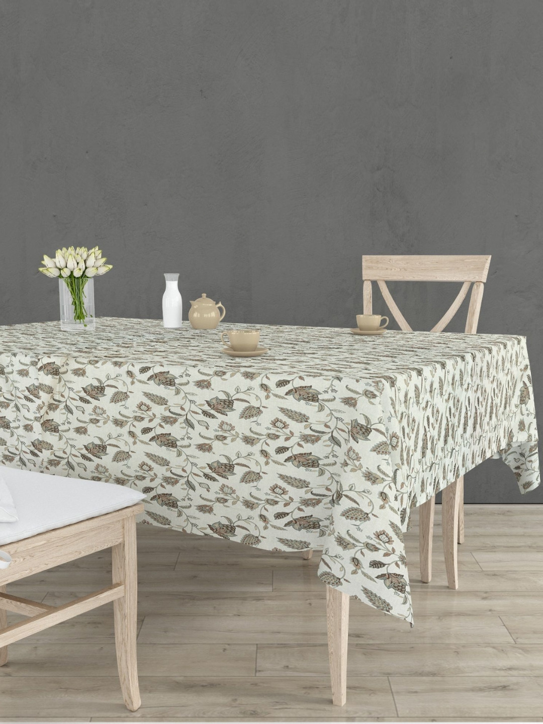 

RRC Cream Coloured & Brown Floral Printed Anti Slip Cotton 6 Seater Table Cover