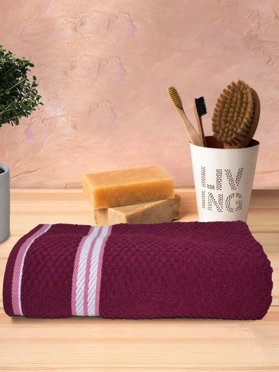 

Aura Maroon & White Striped Cotton 500 GSM Bath Towel